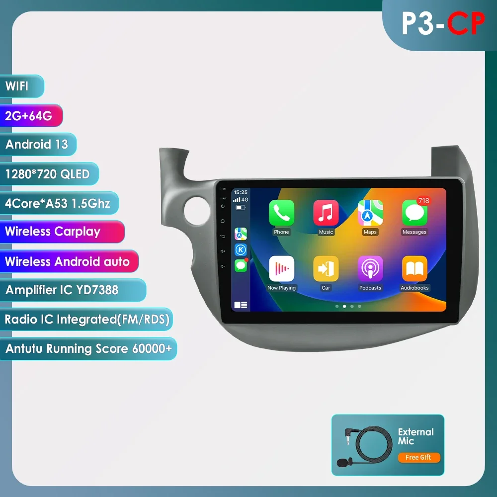 Hizpo 2 Din Android 14 Autoradio Voor HONDA FIT JAZZ 2007-2013 Multimedia Video Player AI Voice Draadloze CarPlay Auto Head Unit
