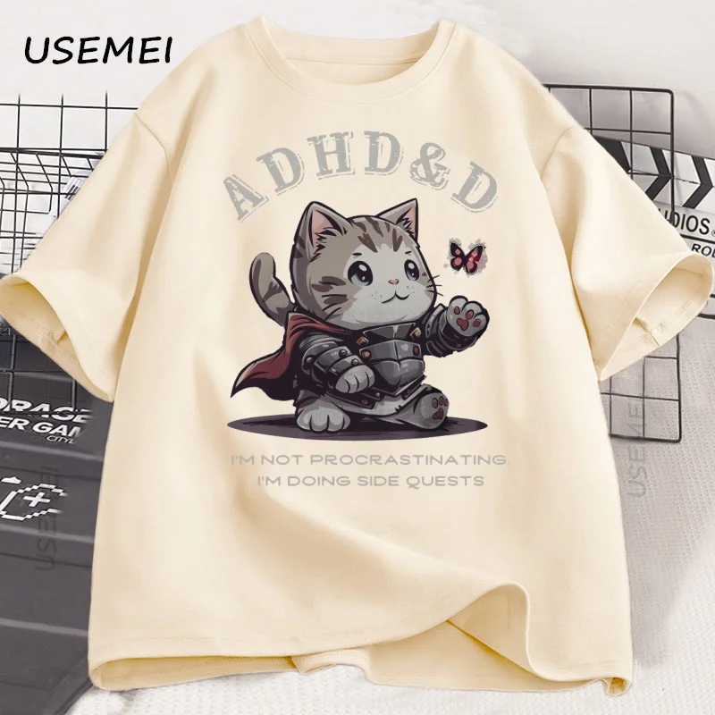 ADHD&D I'm Not Procrastinating Cat T-shirt Funny Graphic Printed Tshirts Cotton Short Sleeve Summer Loose Tees Oversized Tops