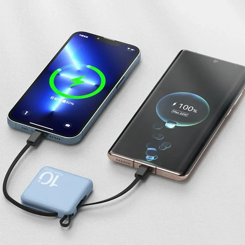 Mini banco de energía de 10000mAh, batería externa portátil con Cable incorporado, baterías de repuesto para iPhone14, Samsung, Xiaomiung