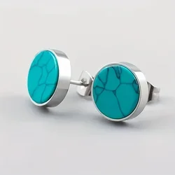 New Vintage Silver Color Round  Turquoise Stud Earrings for Women Fashion Statement Jewelry Metal Earring Wholesale