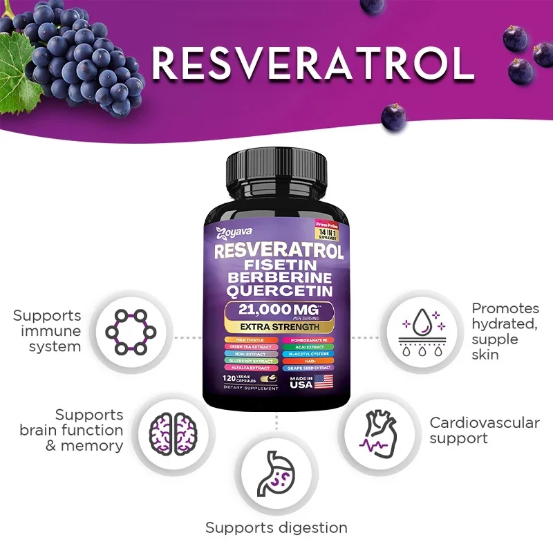 Resveratrol, Fisetin, Berberine, Quercetin Capsule Supplement, Skin, Immunity, Antioxidant, Promote Overall Health & Metabolism