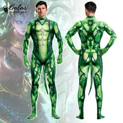 Color Cosplayer Halloween Jumpsuit Party Green Snake Cosplay Costumes Catsuit with Tail Zentai Animal Bodysuit Fitness Outfit