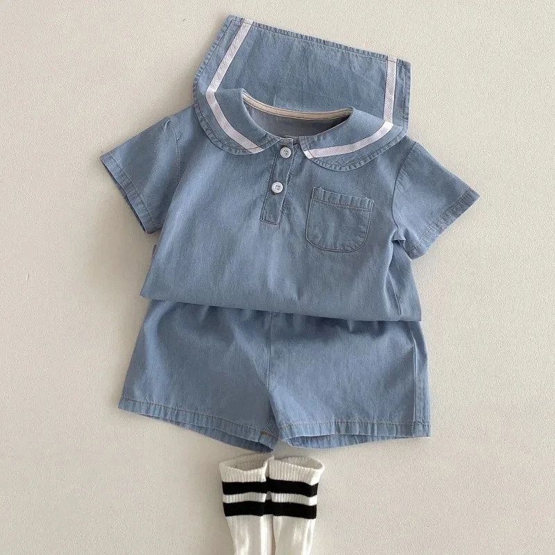 Children Summer Denim Clothes Set Baby Girl 2Pcs Solid Sailor Short Sleeve T-shirts Top Tees+Kid Boy Loose Simple Cotton Shorts