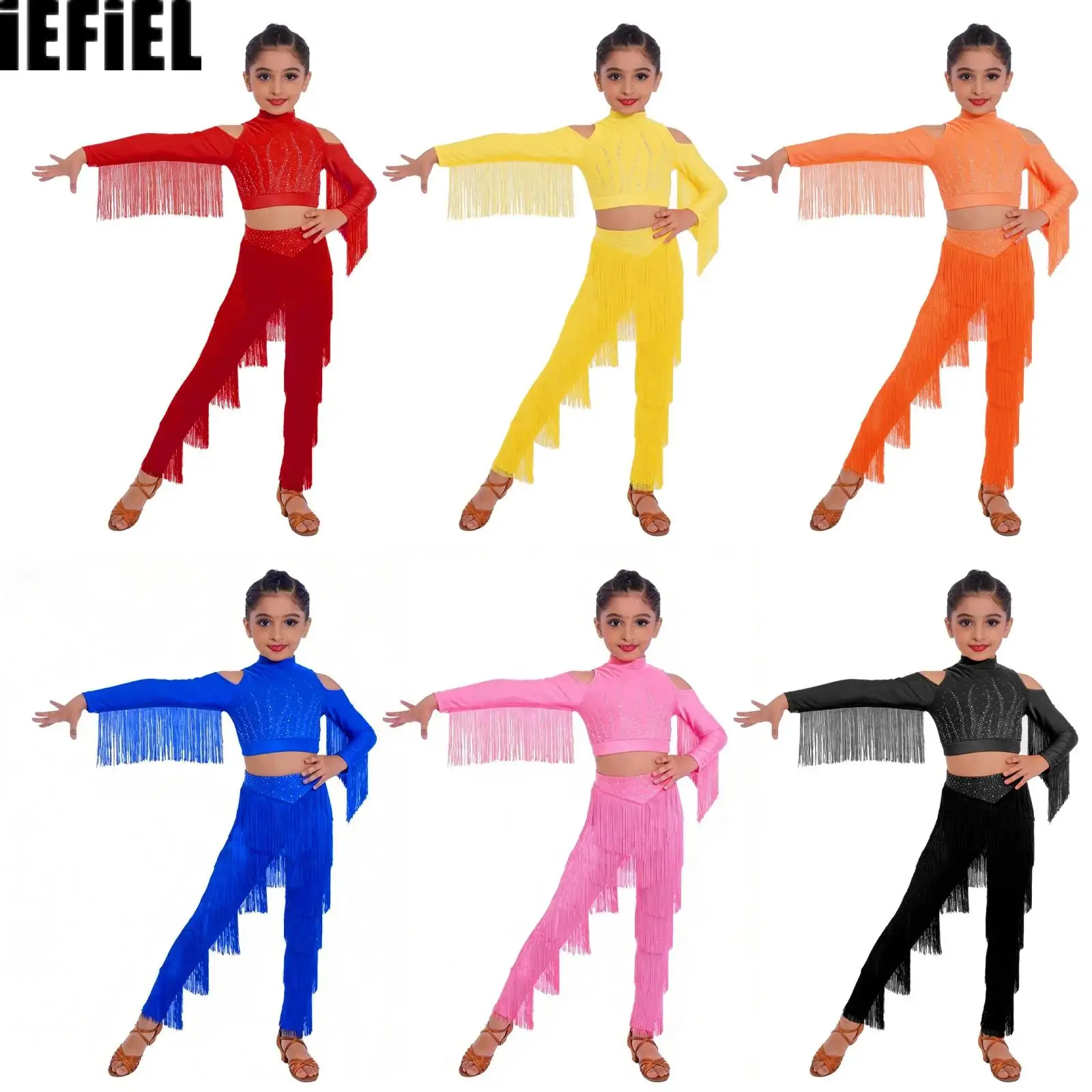 

Kids Girls Tassels Latin Jazz Outfit Back Invisible Zipper Shiny Rhinestones Crop Top with Waistband Tiered Fringe Pants