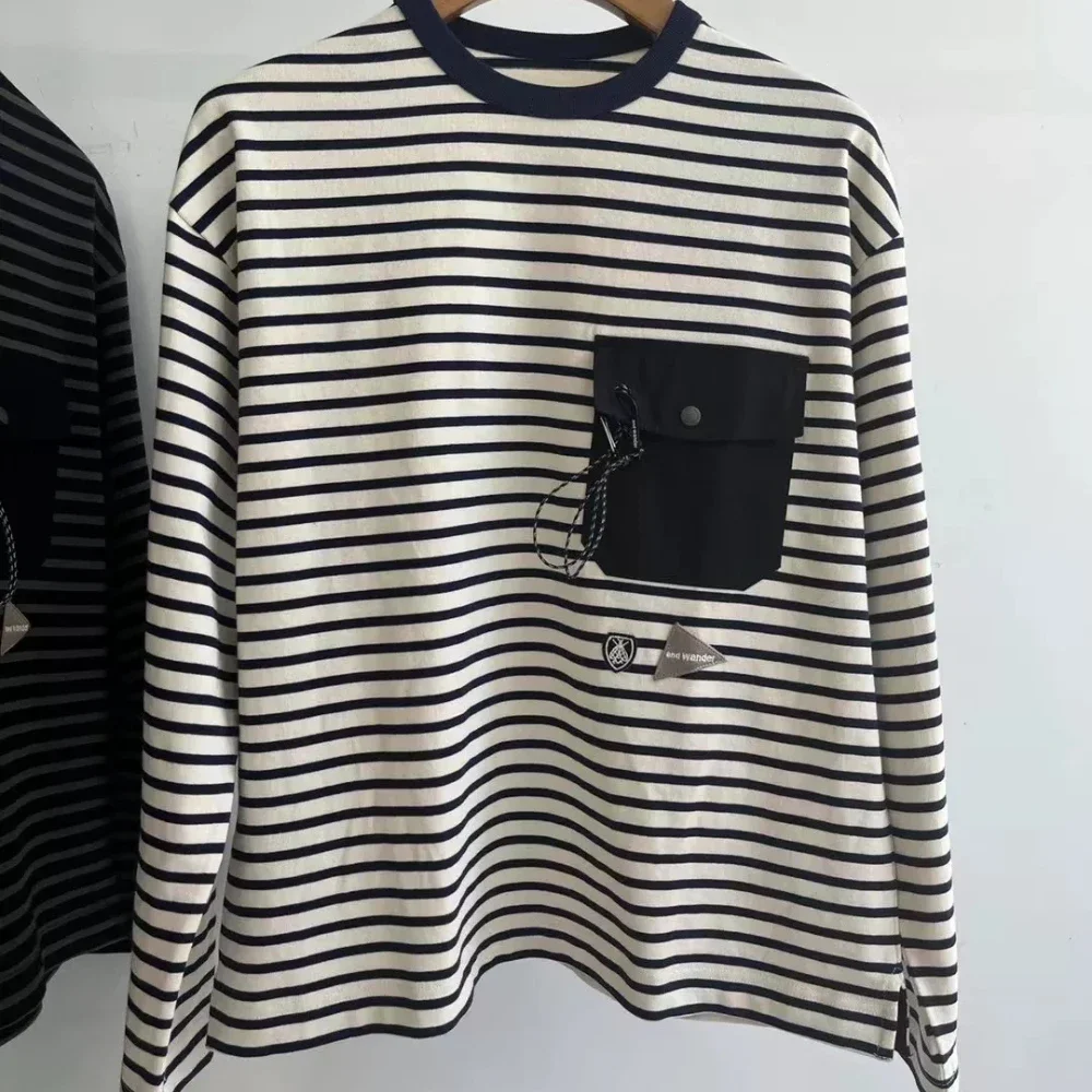 AND WANDER Breton Stripe Long Sleeve T Shirt Men Heavyweight Crew Neck Pocket Tee Casual Outdoor Streetwear Loose Fit Autumn Top