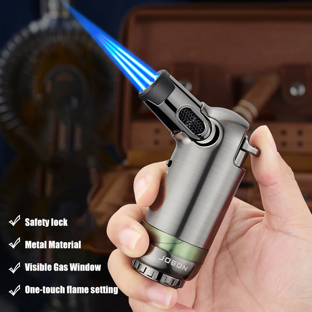 JOBON Three Blue Flame Cigar Lighter Large Gear Flame Adjustment Visible Window One Button Flame Lock Design Cigar
