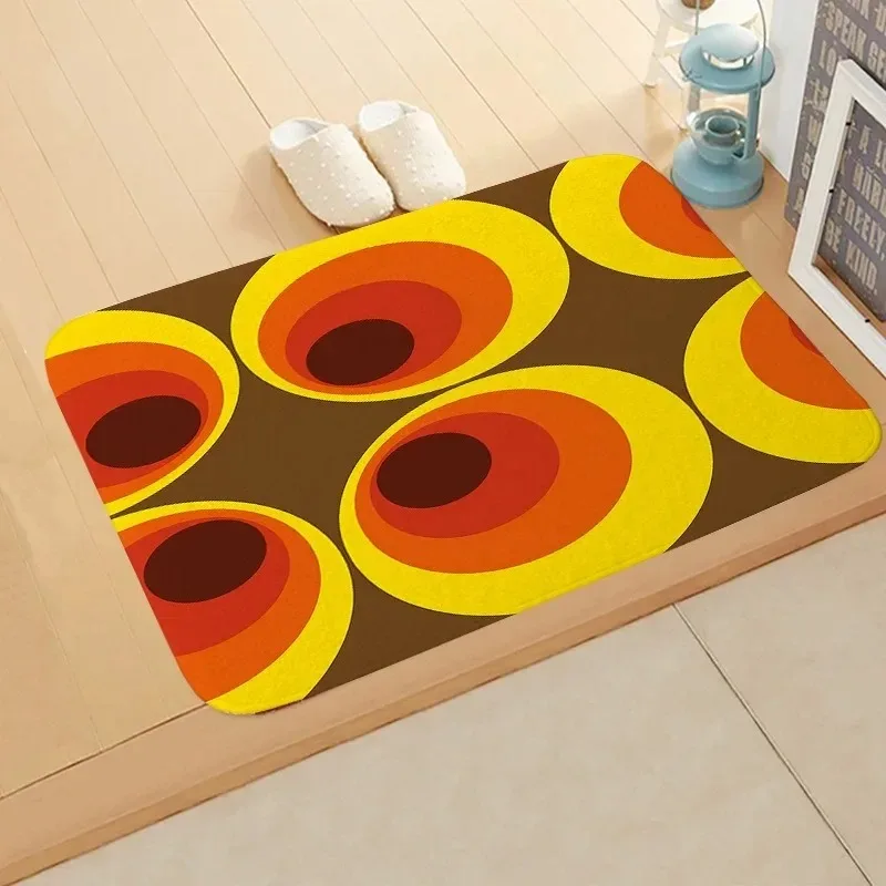 Mid-Century Abstract Curved Shape Floor Mat  Warm Earth Tone Geometric Seamless Pattern Rug Retro Vintage Style Home Porch Decor