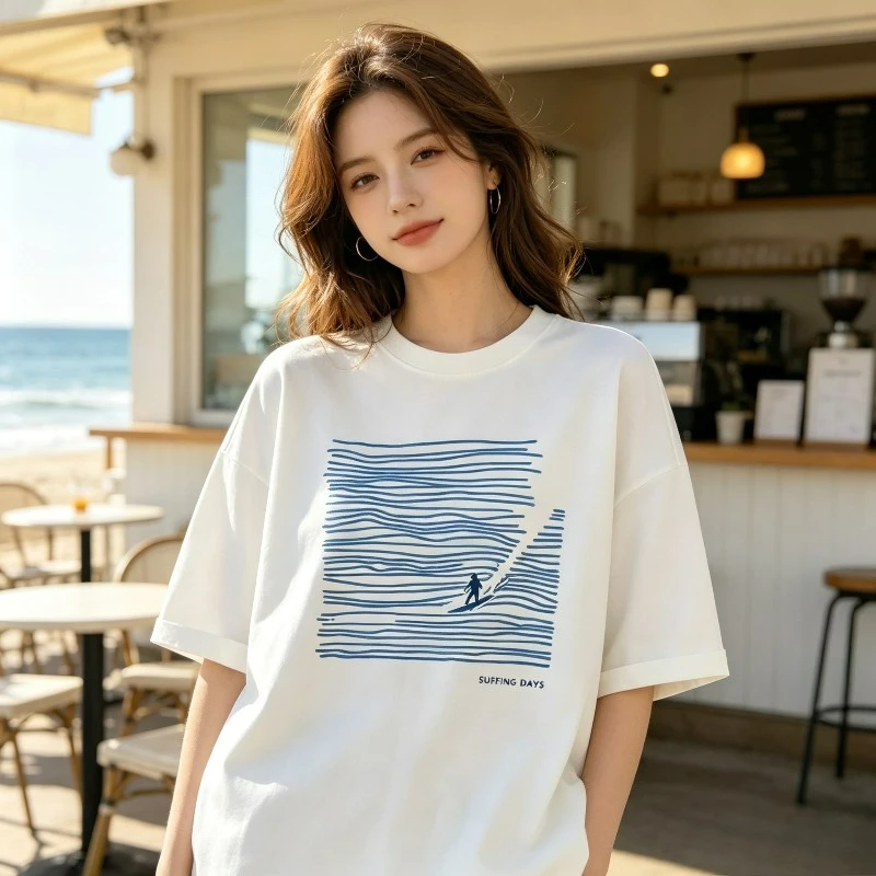 SURFING DAYS Wave Print T-Shirt 100% Cotton Blue Ocean Surf Graphic Tee Y2K Aesthetic Casual Summer Beach Tops for Women