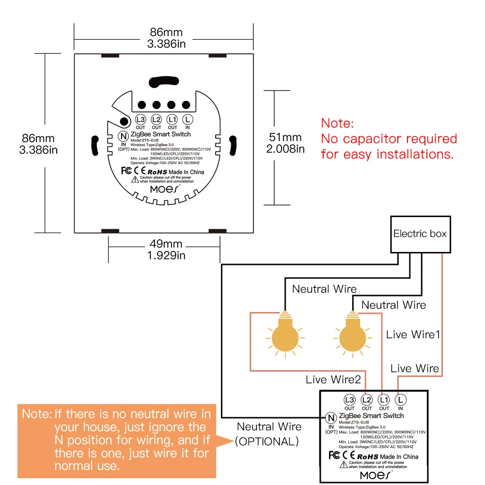 MOES Tuya ZigBee Light Switch with Transmitter Kit No Neutral Wire No Capacitor Required works with Alexa Google Home Smart Life