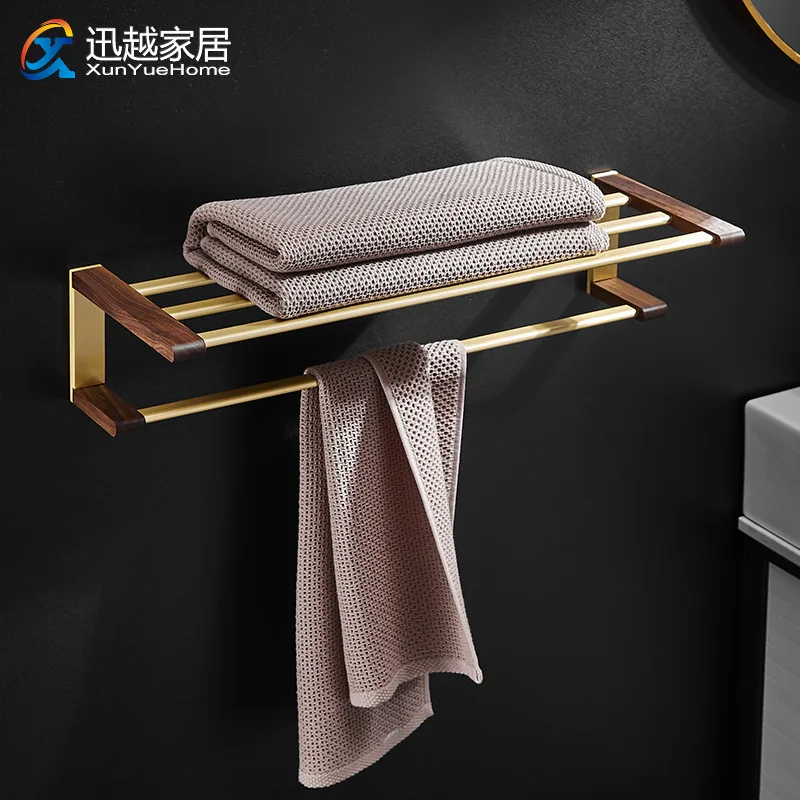 Wooden Walnut Gold Aluminum Fixed Bath Bars Towel Rack Double Shelf Toilet Brush Paper Holders Hook Bathroom Hardware Pendant