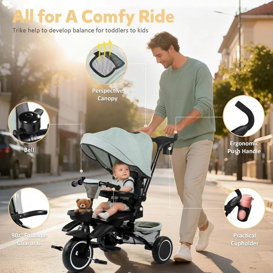 折りたたみ三輪車 8 in 1 ベビー三輪車 取り外し可能で調整可能なキャノピー付き 親用ハンドル 5点式安全ハーネス 幼児用自転車 ストローラー