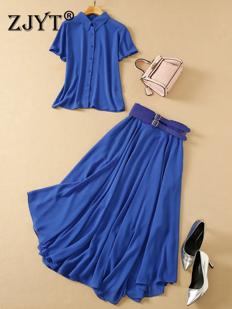 ZJYT Runway Summer Long Dress Sets Conjuntos De Vestidos Blue 2 Piece Women Outfit Holiday Maxi Skirt Top Matching Set Suits