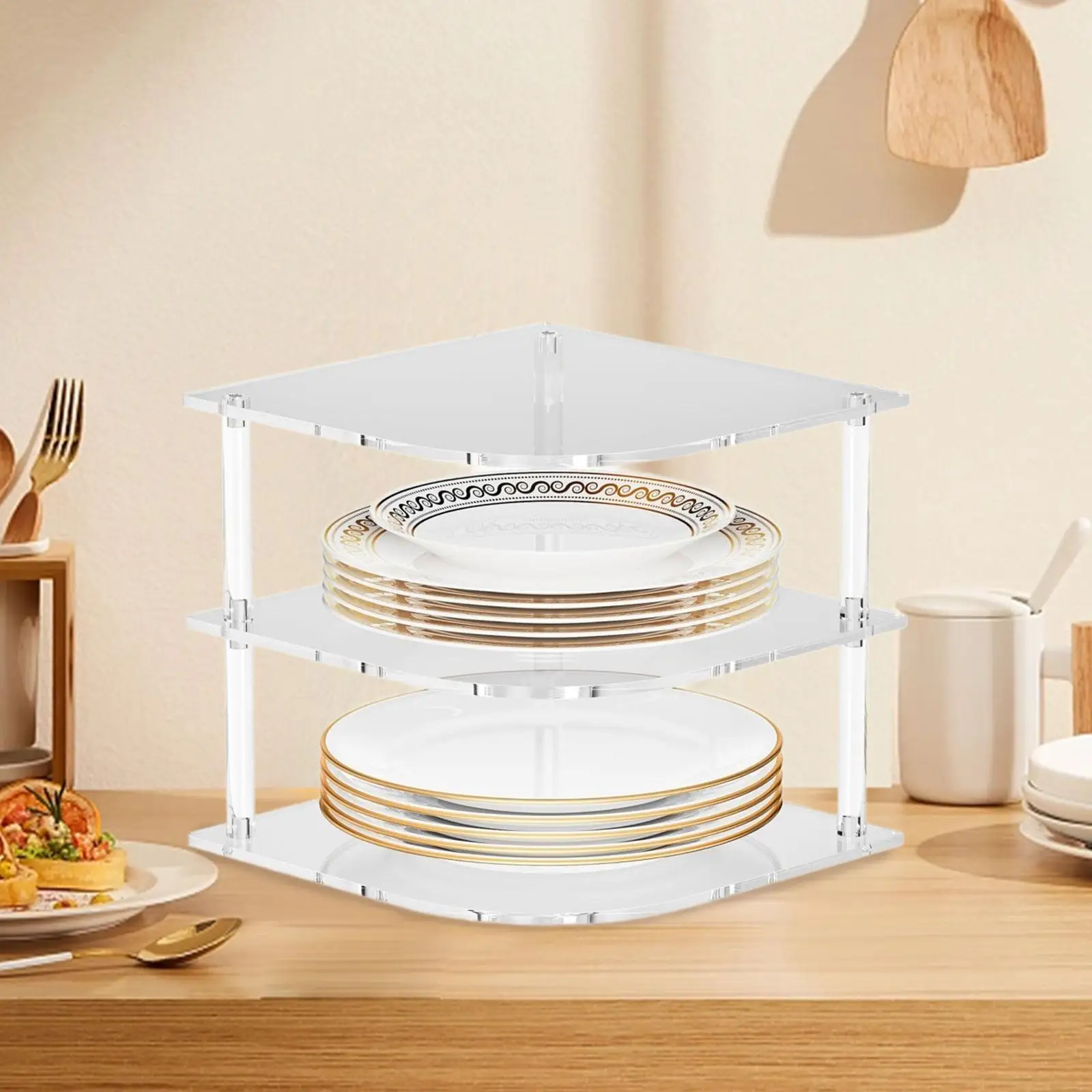 

Acrylic Corner Shelf Space Saver Versatile Display Plate Rack Plate Dish Holder for Kitchen Bathroom Counter Tabletop Pantry