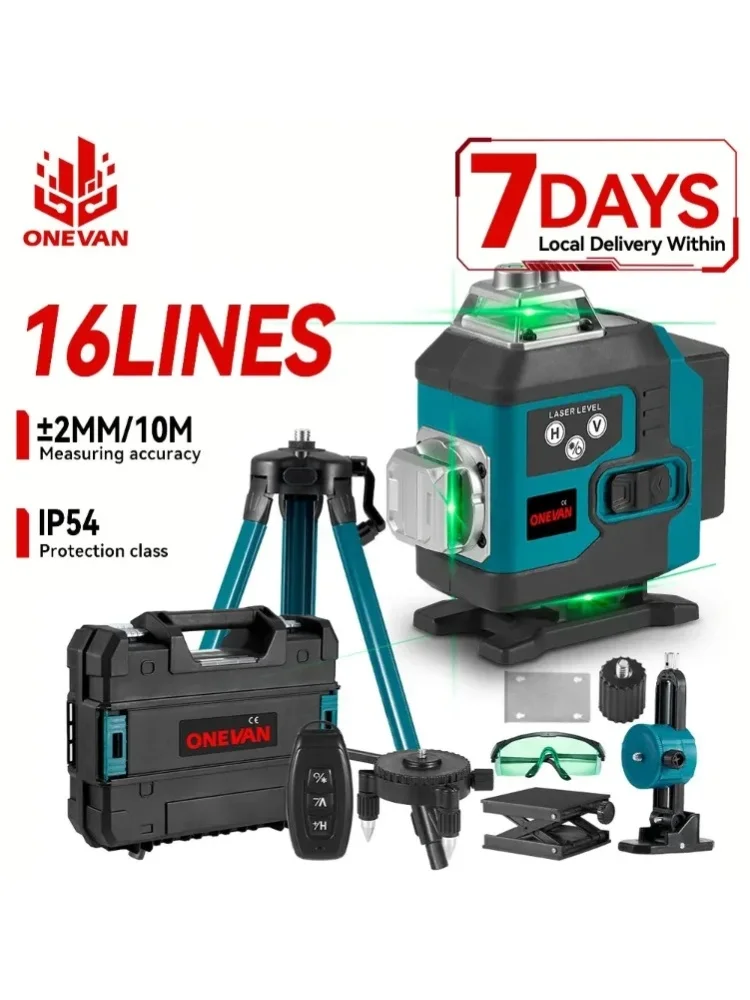 ONEVAN 4D 16 Linien 360 °   Grüner Linienlaser Vertikal & Horizontal Selbstnivellierender Laser-Level mit Stativ und Akku Präzises Elektrowerkzeug