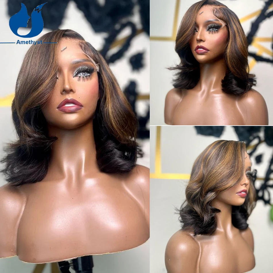 Ametista Destaque Peruca Bob Ondulado, Cabelo Humano Brasileiro, Loiro, Base de Seda, Fechamento Lace, Parte Lateral com Babyhair, 5.5x4.5PU