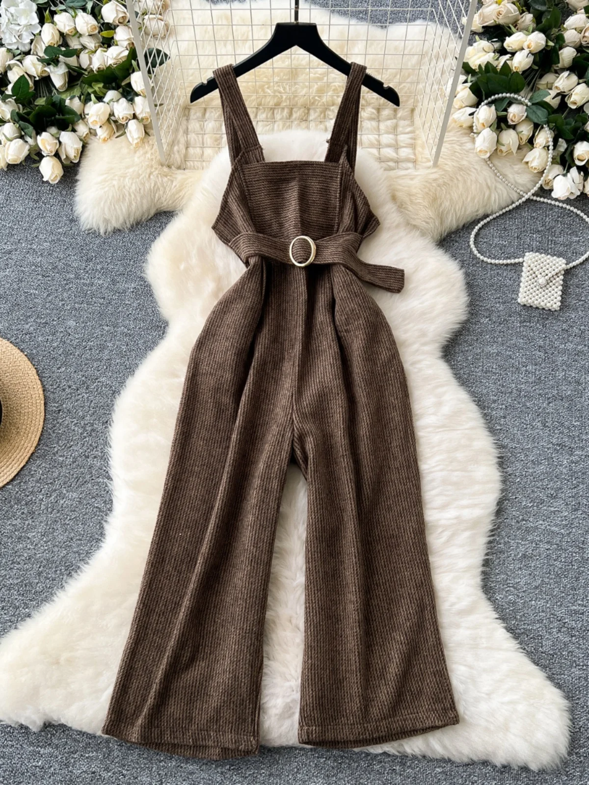 

Women's Woolen Wide Leg Jumpsuit Belted Waist Slimming Loose Fit Pants High Waist Straight Cut Long Trousers Faionable