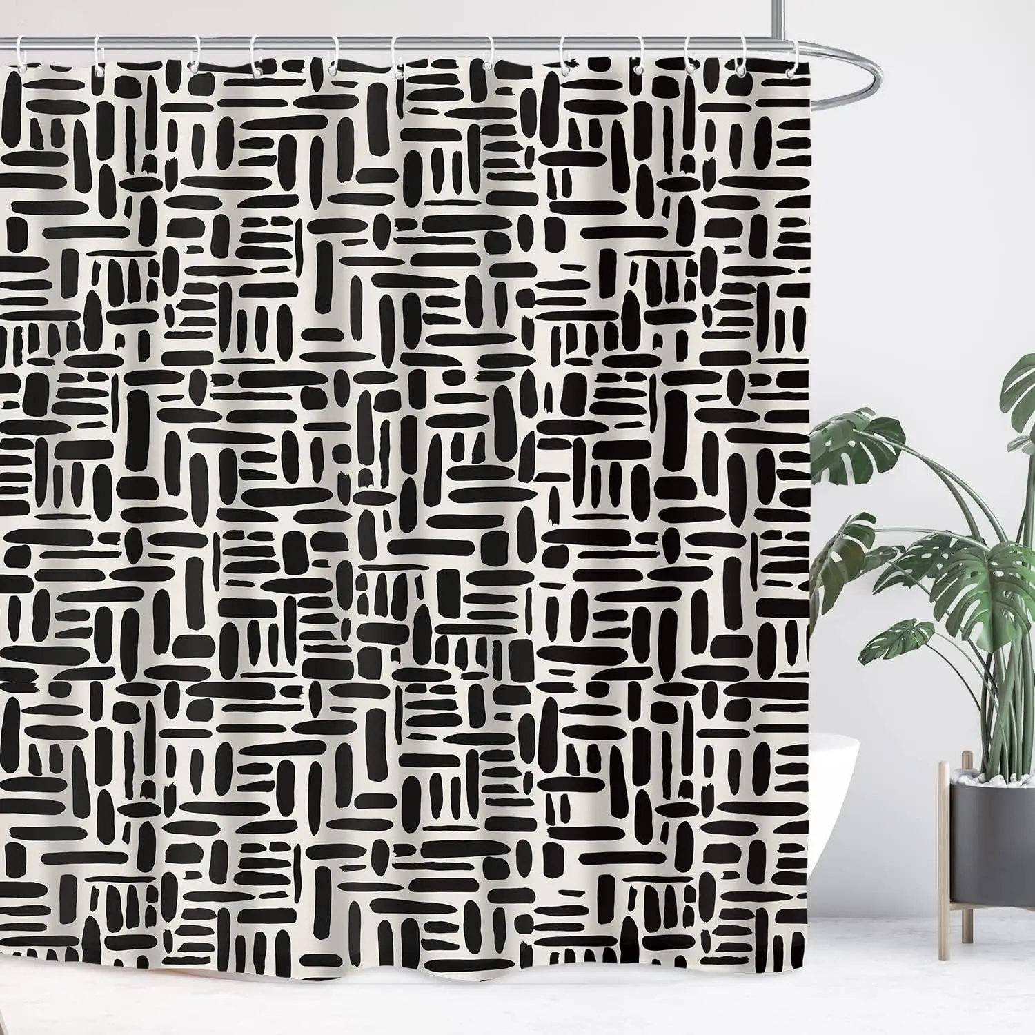 

Black White Abstract Minimalist Shower Curtain, Modern Geometric Brushstroke Neutral Contemporary Bathroom Decor