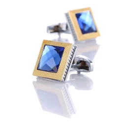 Fashion Square Two-Tone Blue Crystal Cufflink For Mens French Style Shirt Sleeve Cuffs Metal Copper Brass Gemelos