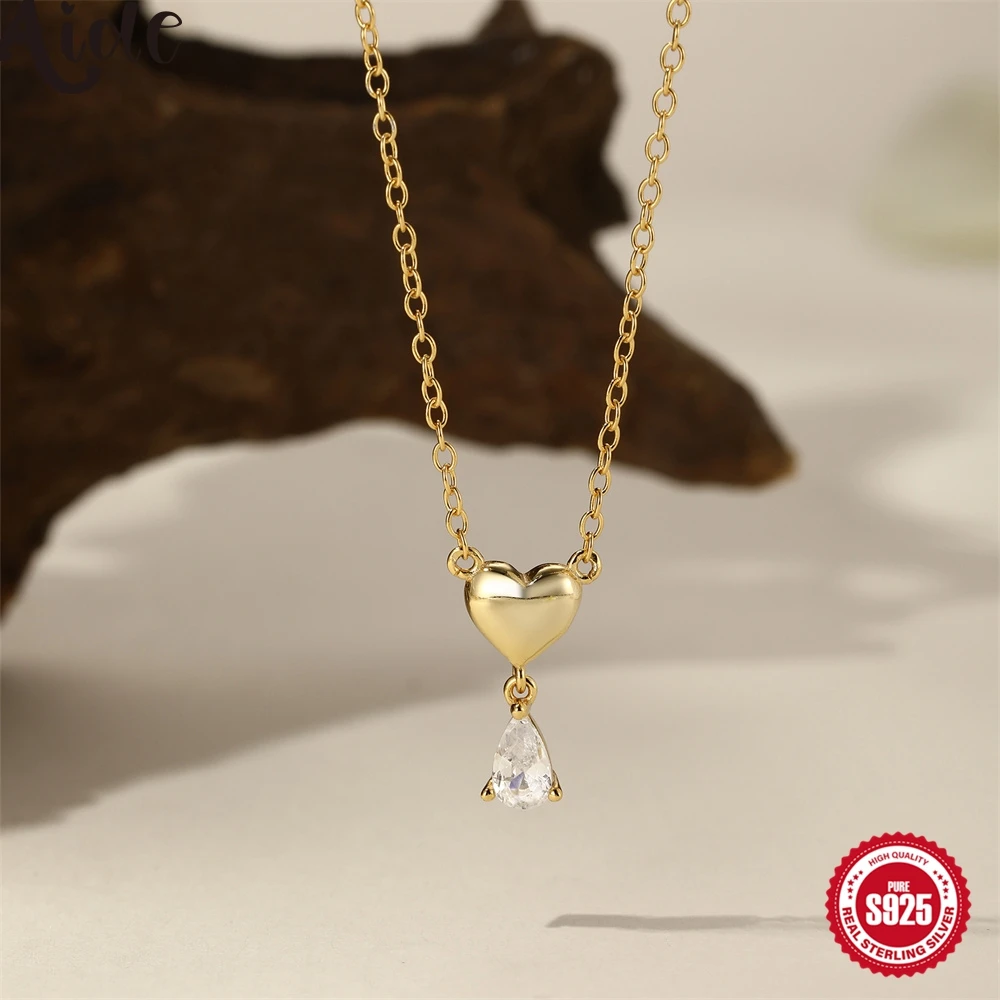 

Aide 925 Sterling Silver Necklaces Cute Heart Korean Fashion Style Chain Necklace For Women Jewel Water-drop Collar Pendant Gift