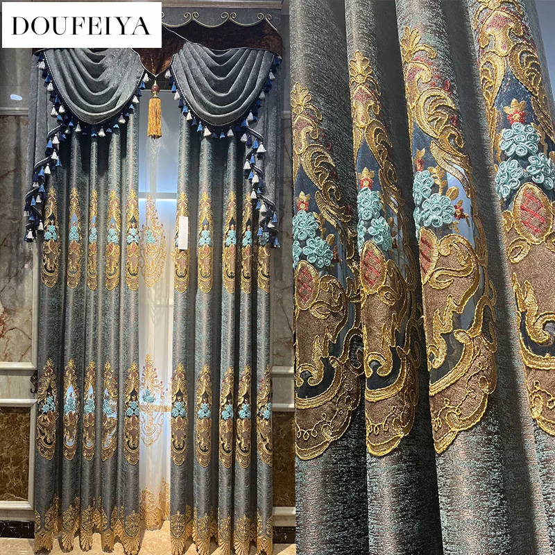 

European Gray Chenille Valance Embroidery Luxury Curtains for Living Room Bedroom Dining Blackout Window Tulle Custom Size