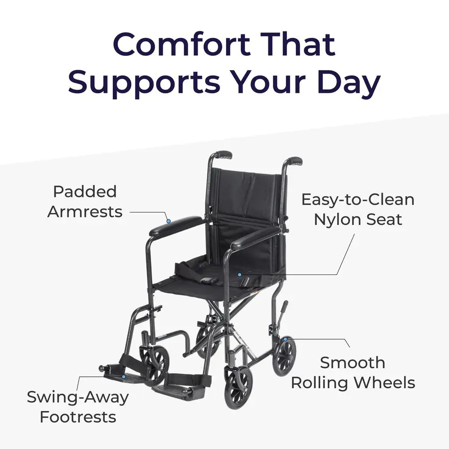 Lightweight Folding Transport Wheelchair Reliable Mobility Support Durable Steel Frame SwingAway Footrests Compact Travel Desig
