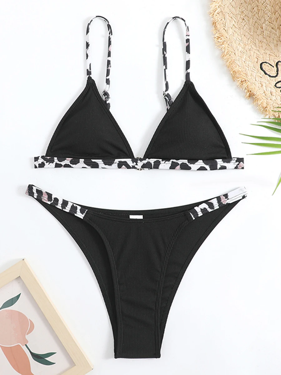 2025 Solid Triangle Bikini Leopard Strap Swimsuit Women Sexy Swimwear Female Bather Bathing Swimming Swim Suit Beachwear