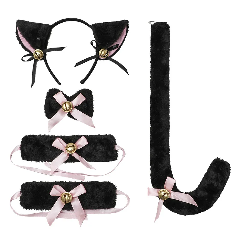 섹시한 플러시 칼라 팔찌 꼬리 5개 세트 귀여운 소녀 고양이 귀 머리띠 롤플레이 액세서리 태슬 헤드드레스 드레스업 세트
