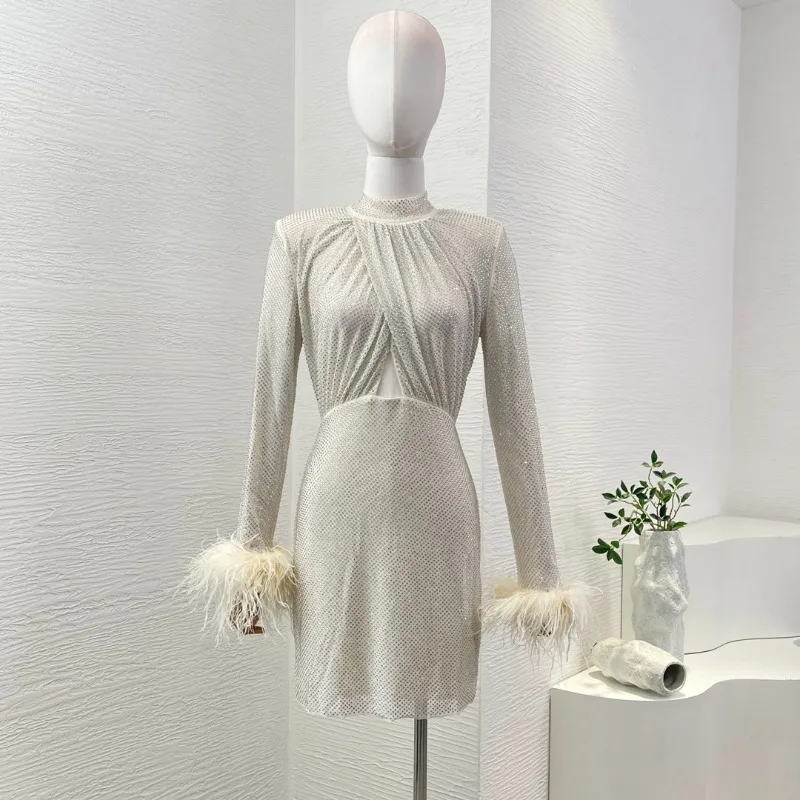 Women's Silver Long Sleeve High Quality 2024 Elegant Attractive New Fashion Style Feather Mini Dresses for Party