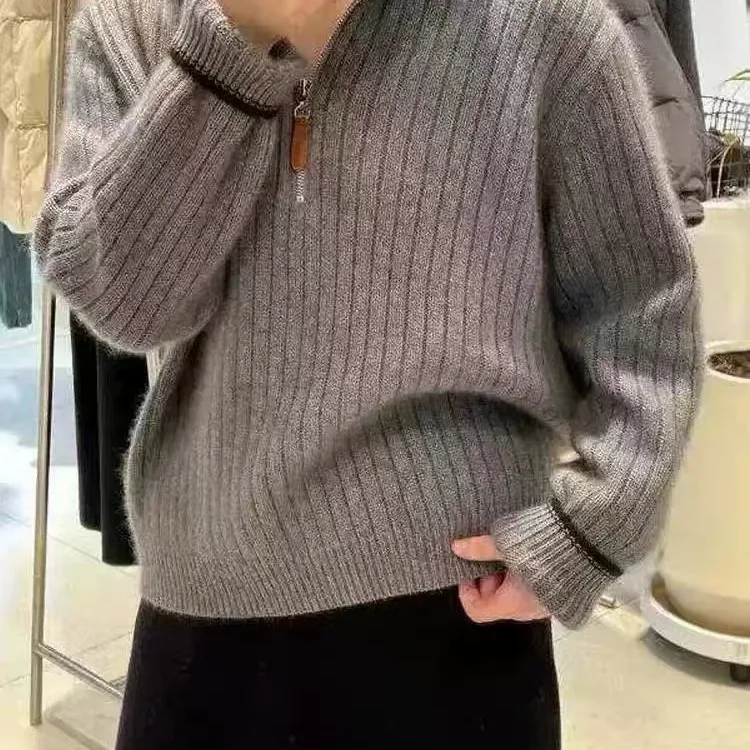 New autumn and winter 100% pure cashmere high neck pit striped sweater women's half zipper knitted sweater loose solid color woo
