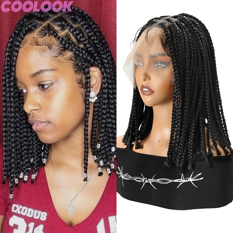 10inch Short Bob Synthetic Braided Wig Lightweight Knotless Braid Lace Frontal Wig Straight Full Lace Box Braids Twist Wig Women