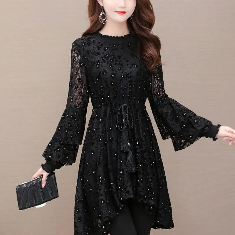 Elegant Stylish Lace Ruffles Spliced Shirt Spring Autumn Flare Sleeve Female Clothing Round Neck Casual Waist Drawstring Blouse