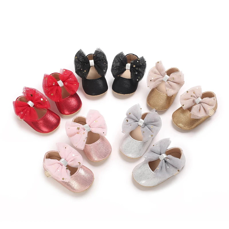 Newborn Baby Shoes Baby Boy Girl Shoes Girl Classic Bowknot Cloth Sole Anti-slip PU Dress Shoes First Walker Toddler Crib Shoes