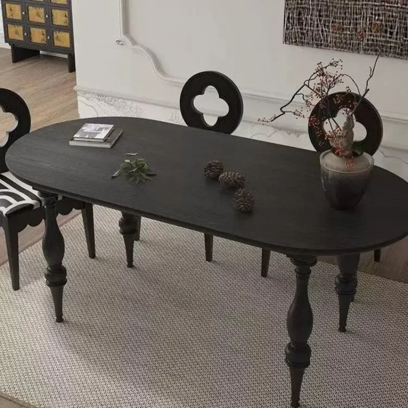 Small household oval dining table medium antique black retro log long table