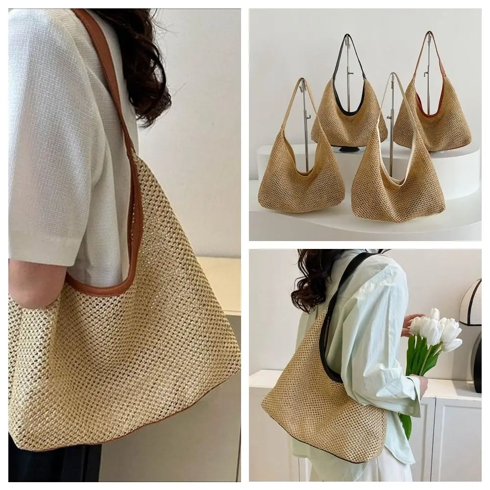

Fashion Solid Color Weave Straw Bag Bohemian Style Handmade Beach Handbag Large Capacity Tote Bag Shoulder Bag Ladies