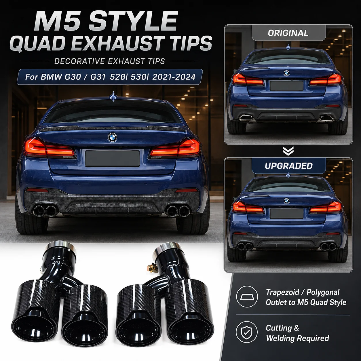 M5-Style Vierfach-Auspuffblenden für BMW G30 G31 5er Serie (2017-2024) |   Edelstahl-Auspuffendrohr für 520i 530i 540i M-Sport
