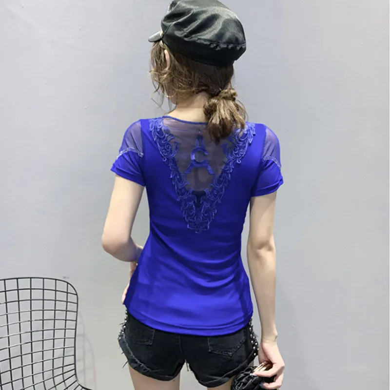 2024 New T-shirt Casual Short Sleeve Fashion Luxury Eiffel Tower Diamonds Women Tops High-End Sexy Back Mesh Tees High Quality