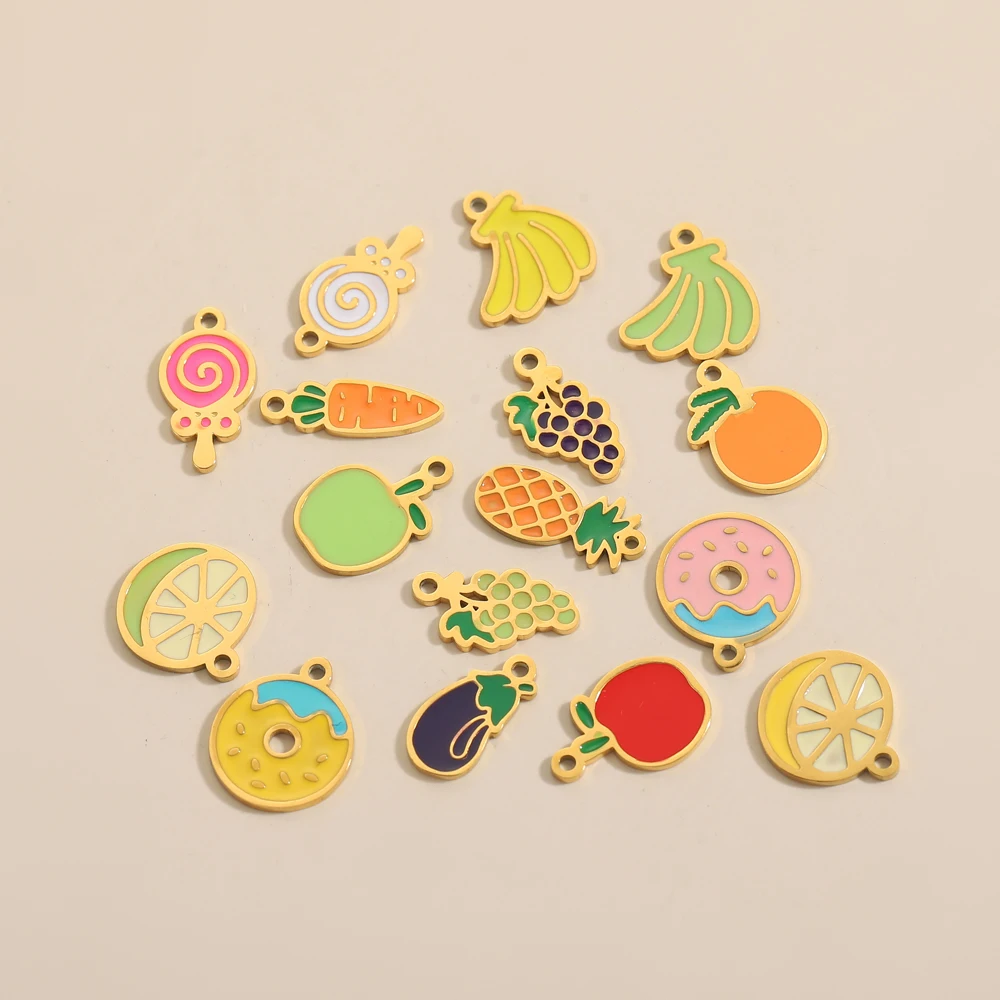 CARLIDANA 2PCS Enamel Fruit Charms Mixed Lollipop Donut Grape Apple Pineapple Gold Plated Stainless Steel Jewelry Charms