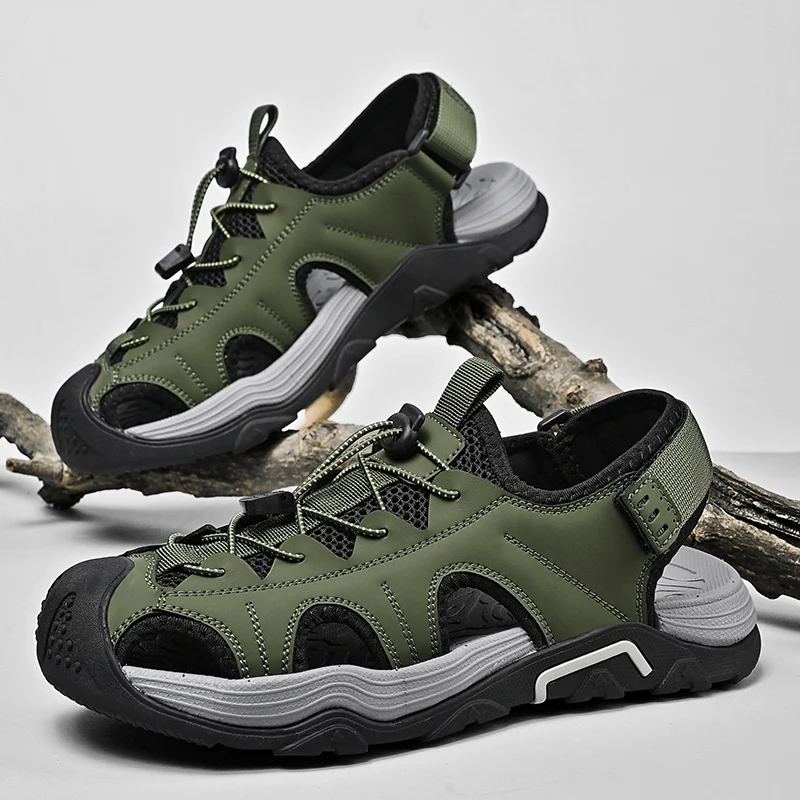 

2025 Summer air mesh beach sandals man green outdoor mens comfortable casual sandal wading shoe Anti-collision rubber toe cap