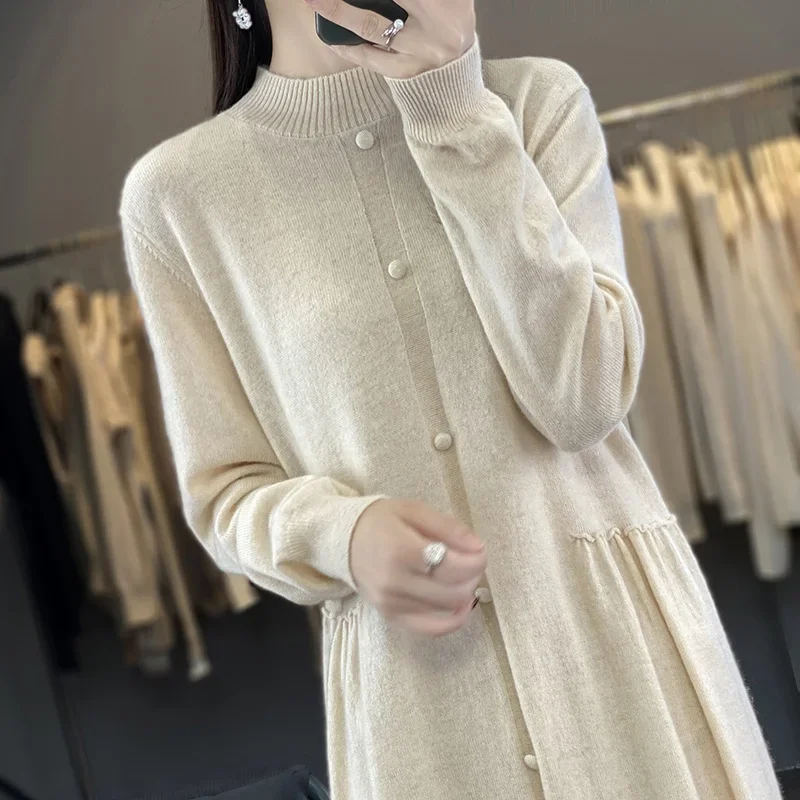 Women\'s Cashmere Sweater Skirt Set High-Neck Long Over-the-Knee Coat Combo for Winter Fashion