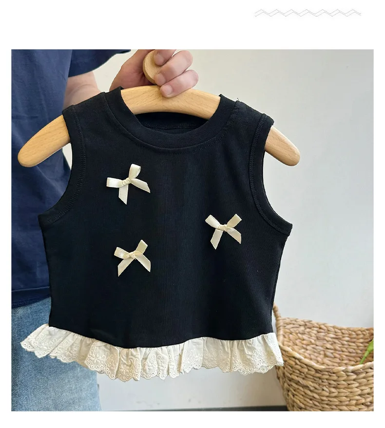 Childrens Sets Wide Leg Pants New Girls Bow Knot Vest T-shirt Korean Flower Edge Clothing 2024 Round Collar Bows Simple