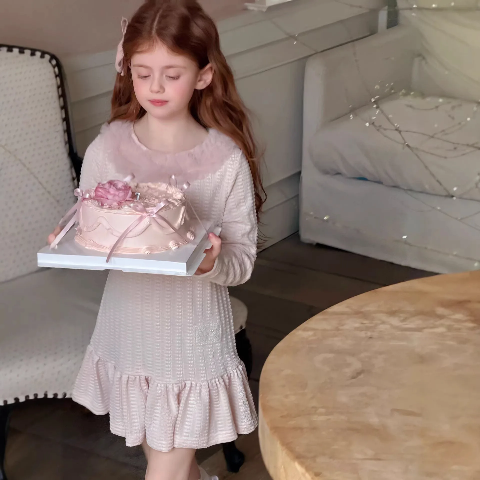 Children's clothing girl beautiful dress 2026 new solid color comfortable and fashionable lace knitted skirt