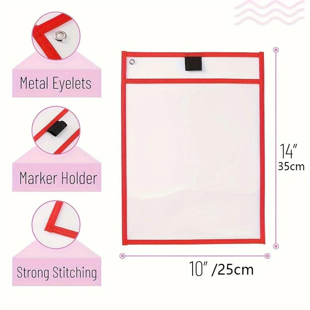 6Pcs PVC Transparent Teaching Pocket Folder Sleeves Reusable Dry Erase Pockets Sleeves Oversized Clear Stationery Storage Pouch