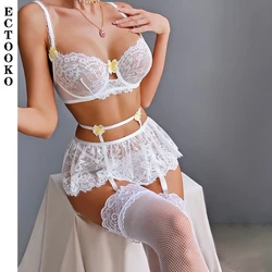 ECTOOKO Erotic Underwear Women's Clothing Popular Three-dimensional Embroidery Flower Stitching Lace Four-piece Set