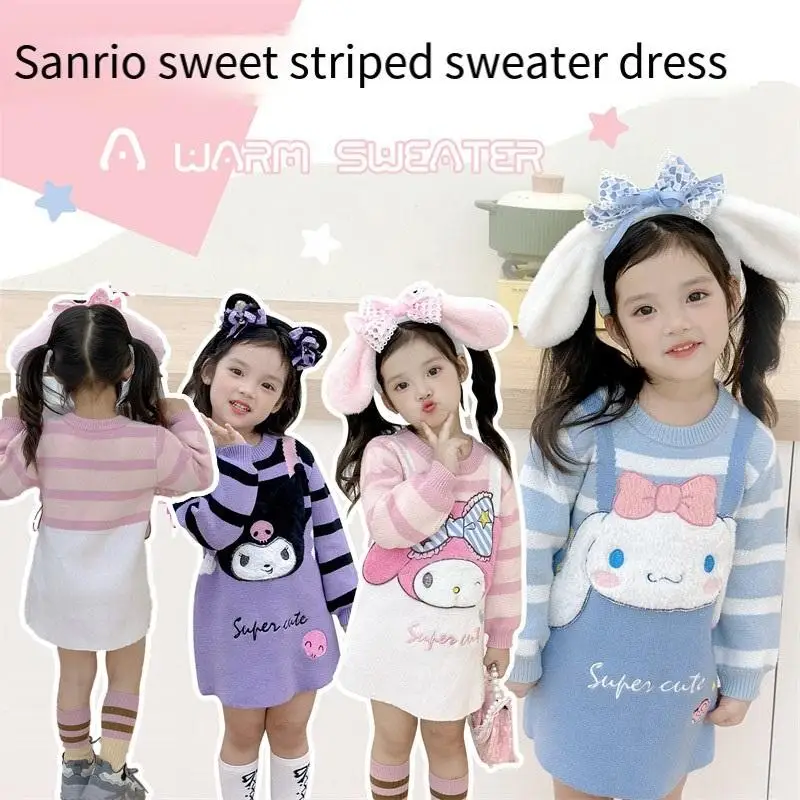 Sanrios My Melody Kuromi Cinnamorol Kid Sweet Plush Sweater Dress Three-Dimensional Cartoon Cute Long Sleeved Dress Girl Clothes