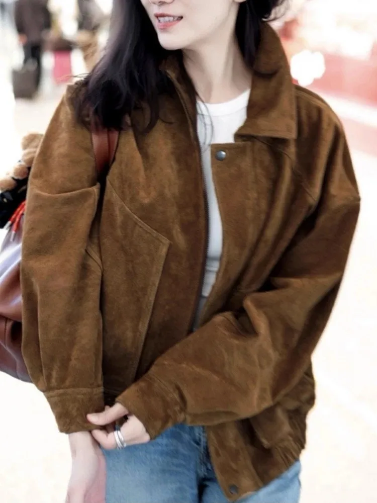 Hohe Qualität Frauen Echtes Leder Jacke Lose Fit Herbst Vintage Motorrad Kurzen Mantel Zipper Wildleder Schaffell Casual Oberbekleidung