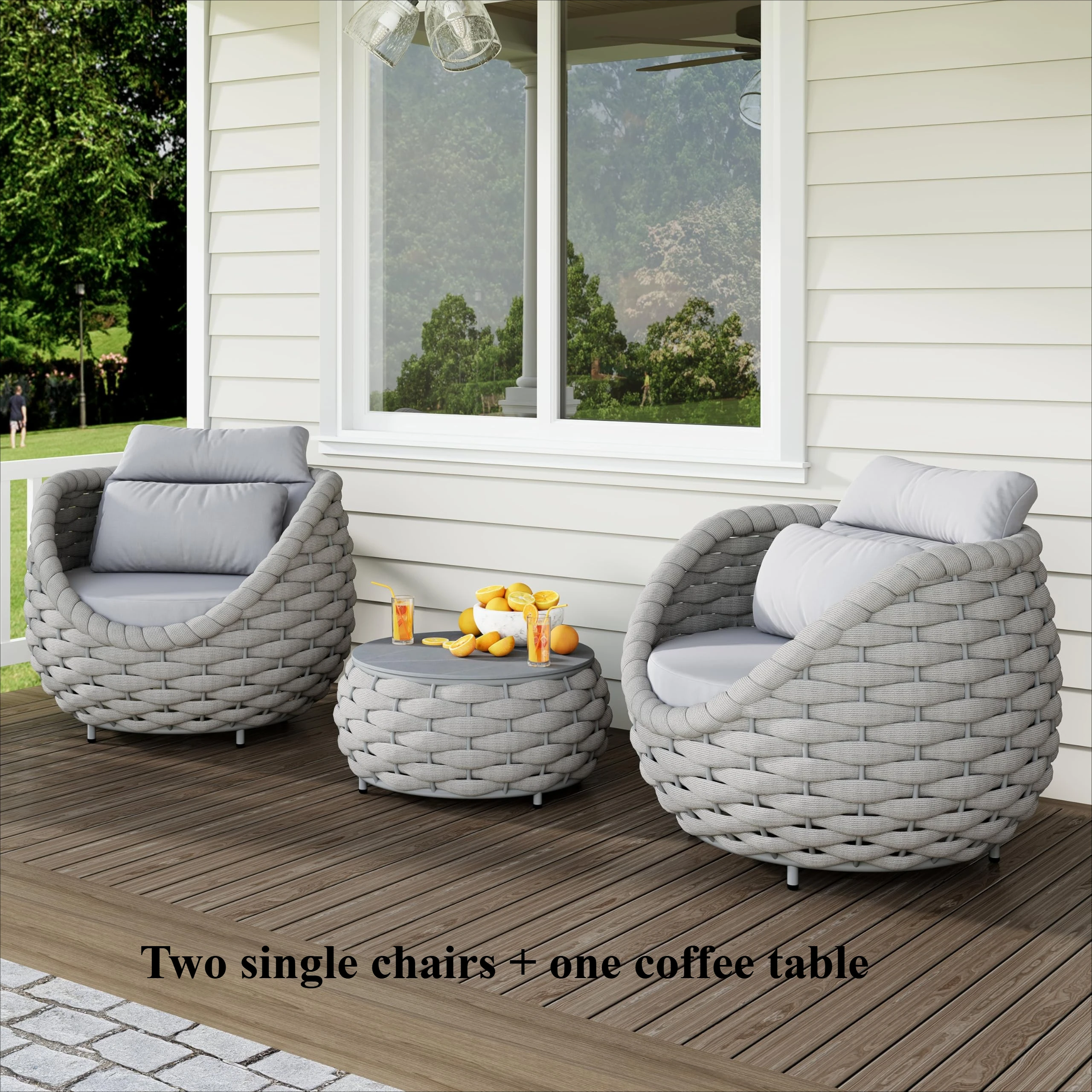 Tuinstoelenset van geweven touw, aluminium tuinmeubilair, 2-delige set met kussens, fauteuil en tafel, geschikt voor balkon, tuin, veranda, zwembadterras