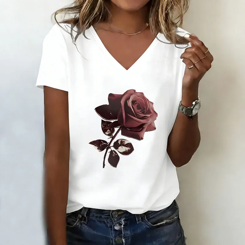 Vintage T-shirt V Neck Casual Fashion Rose Floral Printed T Shirts Women Short Sleeve Tee Shirt V-Neck Summer Spring