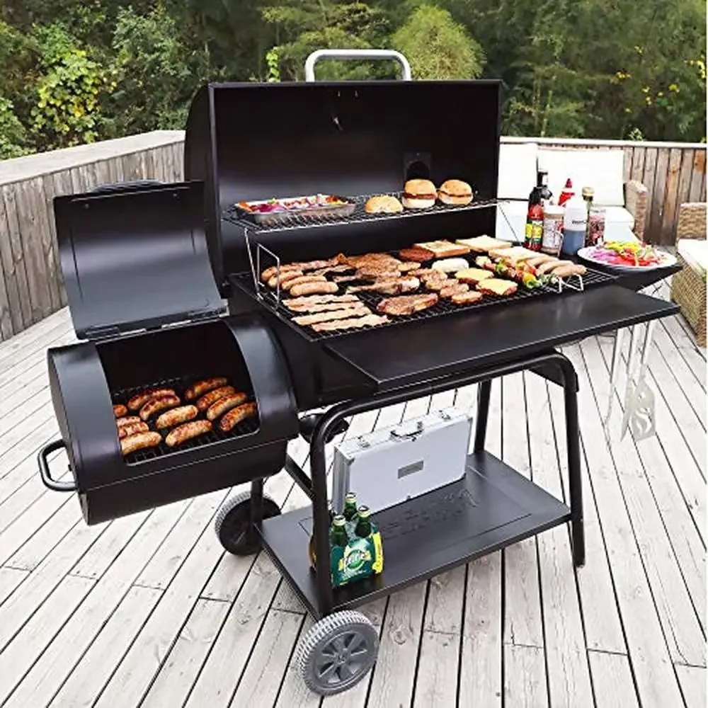 Outdoor Barrel Charcoal Grill Offset Smoker 1200 Sq. In. Cooking Area BBQ Event Black Steel Smoker Heat Control 8-10 Gathering