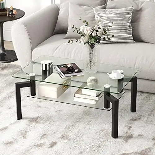 

Tempered Glass Coffee Table, Rectangular 2-Tier Center Table w/Open & Metal Tube Legs, Modern Tea Cocktail Table for Recept