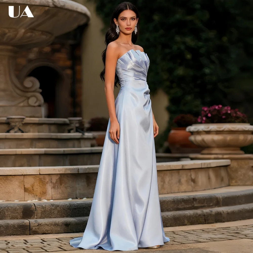 

ULBYANRY Customized A-Line Strapless Ruched Prom Dress, Elegant Satin Evening Dresses for Women, Trendy Sleeveless Party Dress